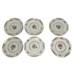 (6) Stetson Golden Beauty 22 kt Gold and Floral Dessert Plate Set China Vintage
